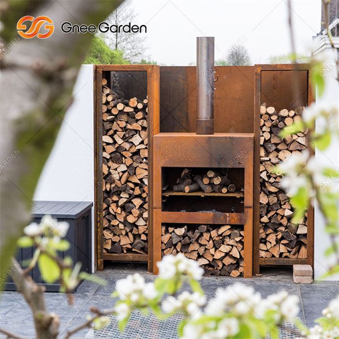 Corten Steel fireplace in backyard 